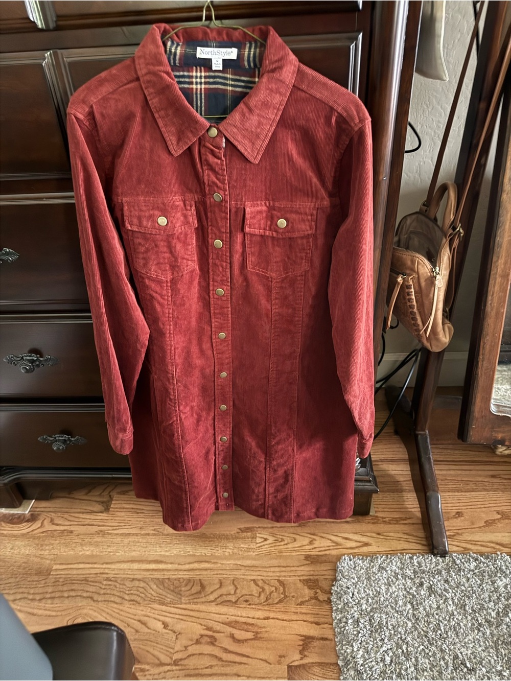 NorthStyle Long Sleeve Corduroy Shirt Dress in Rust Red